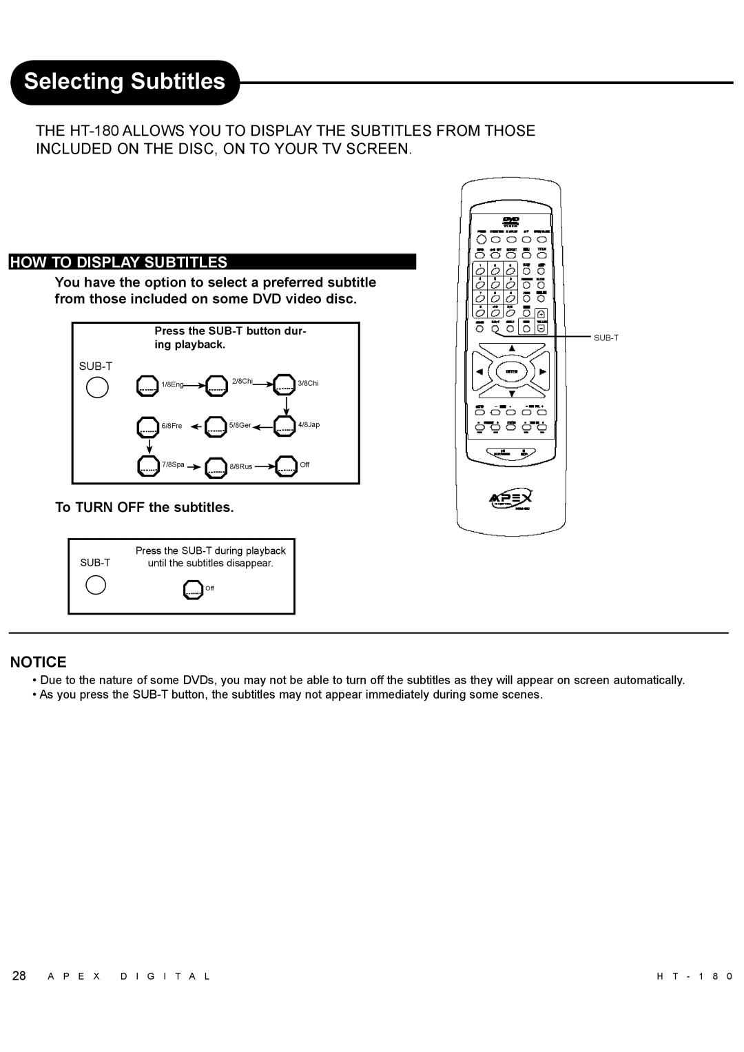 Apex Digital HT-180 manual Selecting Subtitles, HOW to Display Subtitles, To Turn OFF the subtitles 