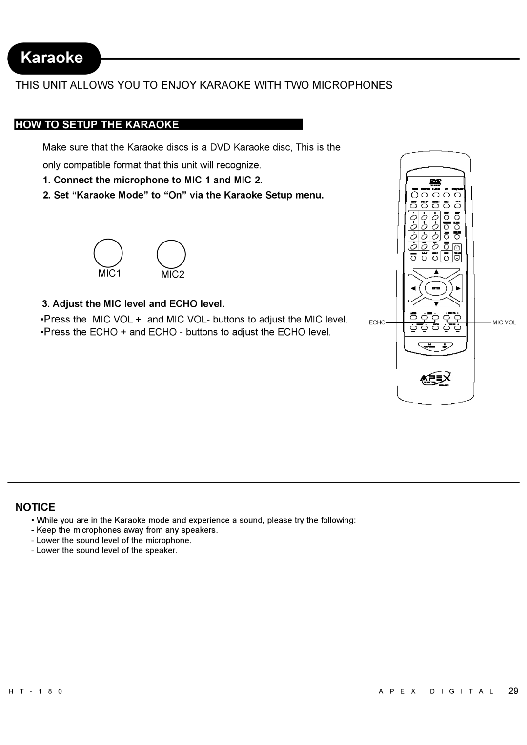 Apex Digital HT-180 manual HOW to Setup the Karaoke, Adjust the MIC level and Echo level 