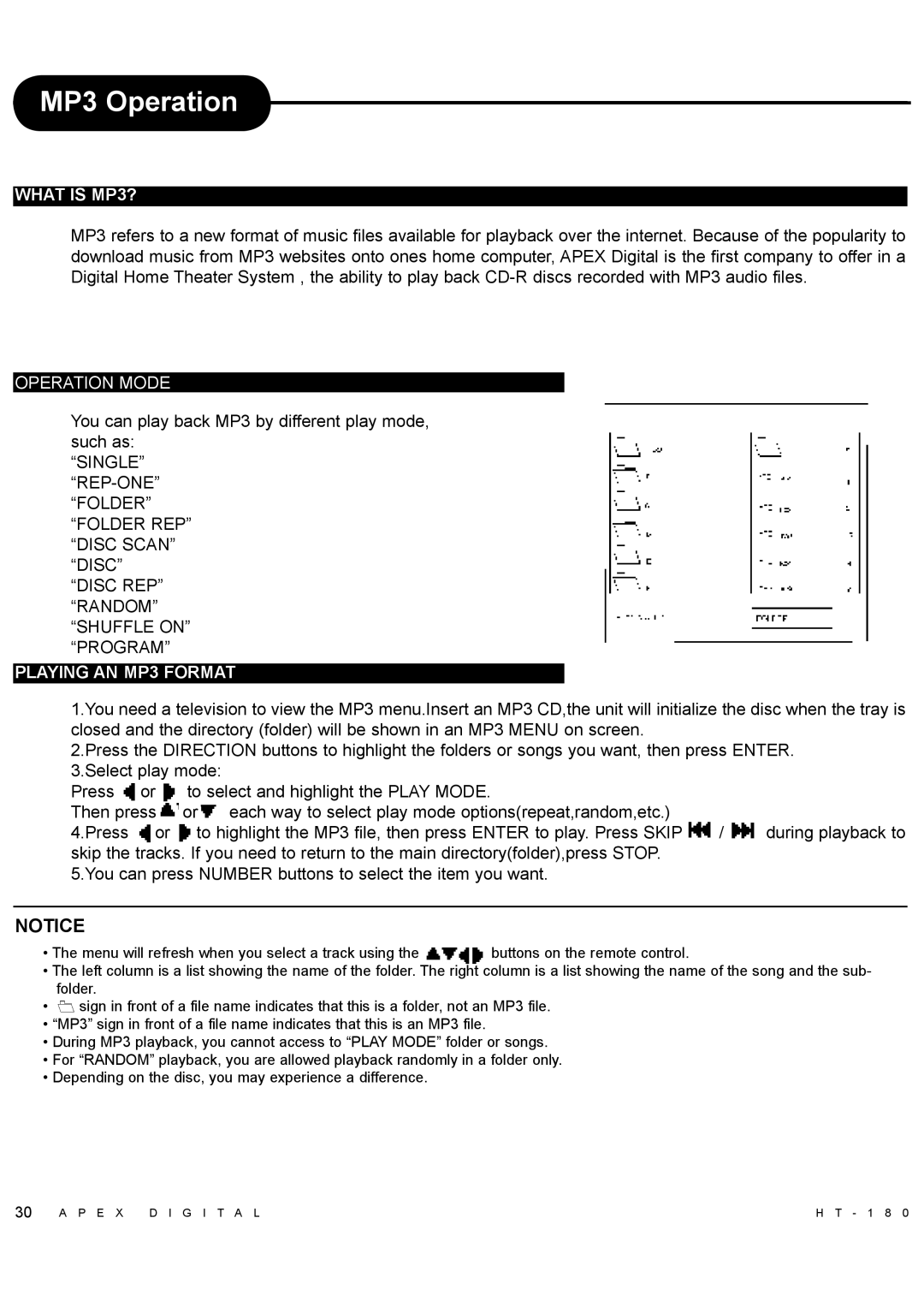 Apex Digital HT-180 manual MP3 Operation, You can play back MP3 by different play mode, such as 