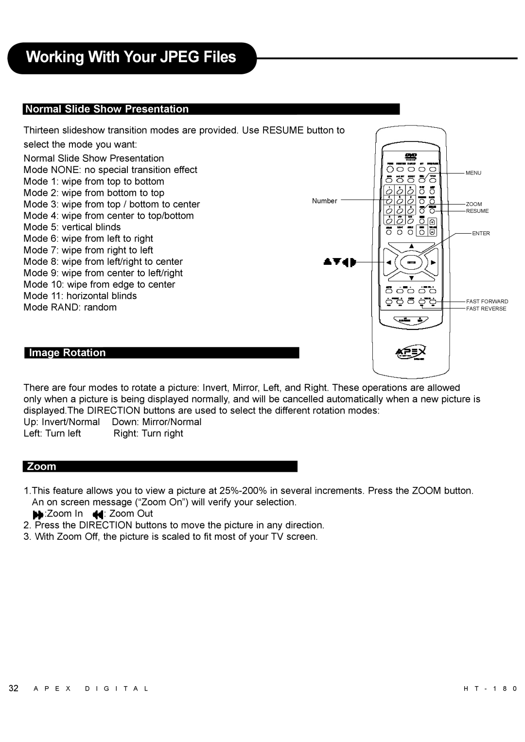 Apex Digital HT-180 manual Normal Slide Show Presentation, Image Rotation, Zoom, Mode 3 wipe from top / bottom to center 