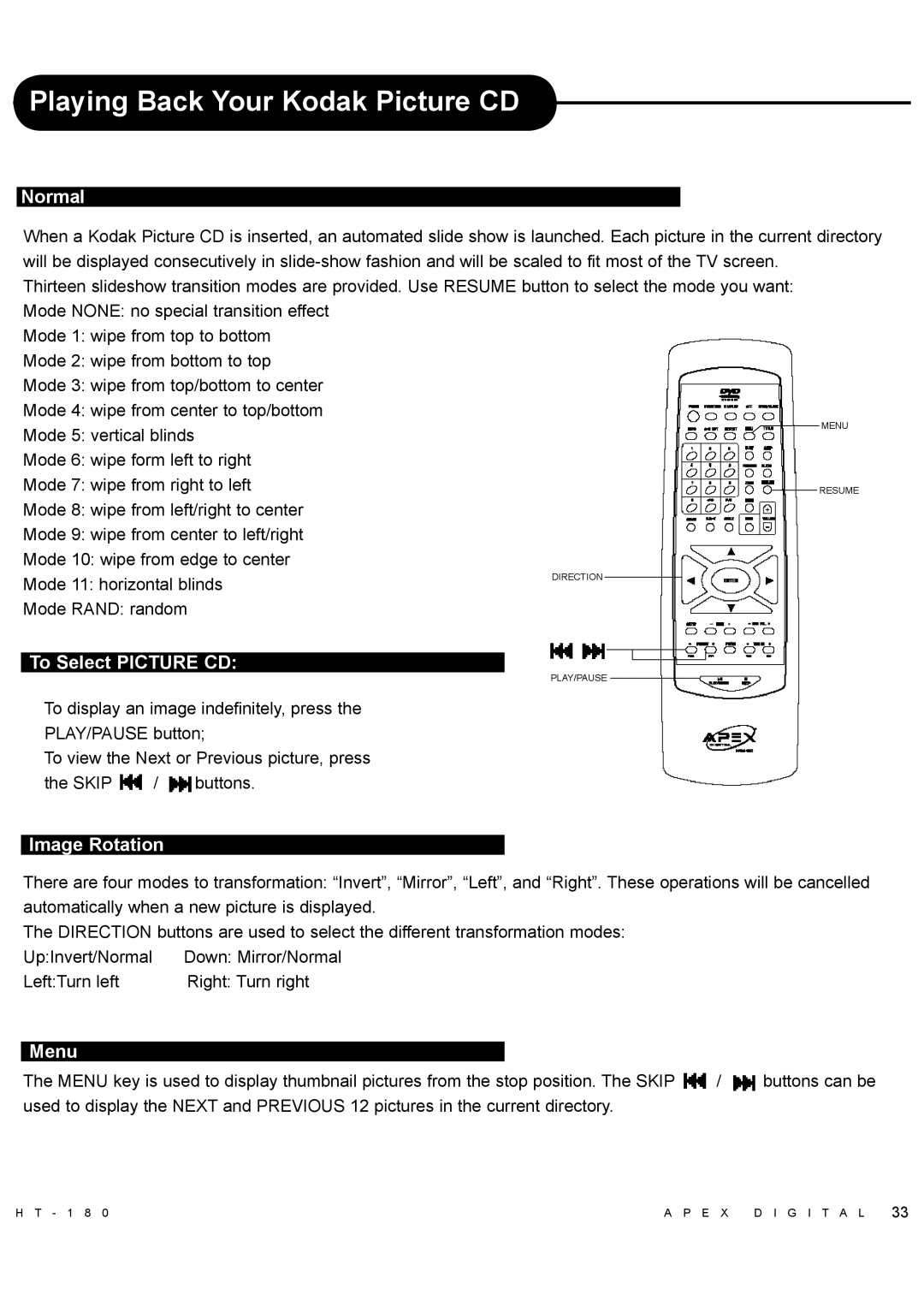 Apex Digital HT-180 manual Playing Back Your Kodak Picture CD, Normal, To Select Picture CD, Menu 