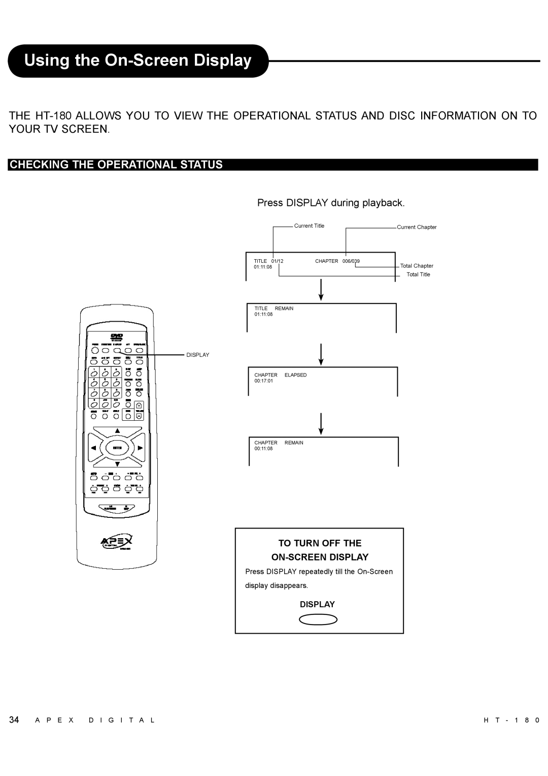 Apex Digital HT-180 manual Using the On-Screen Display, Checking the Operational Status, Press Display during playback 