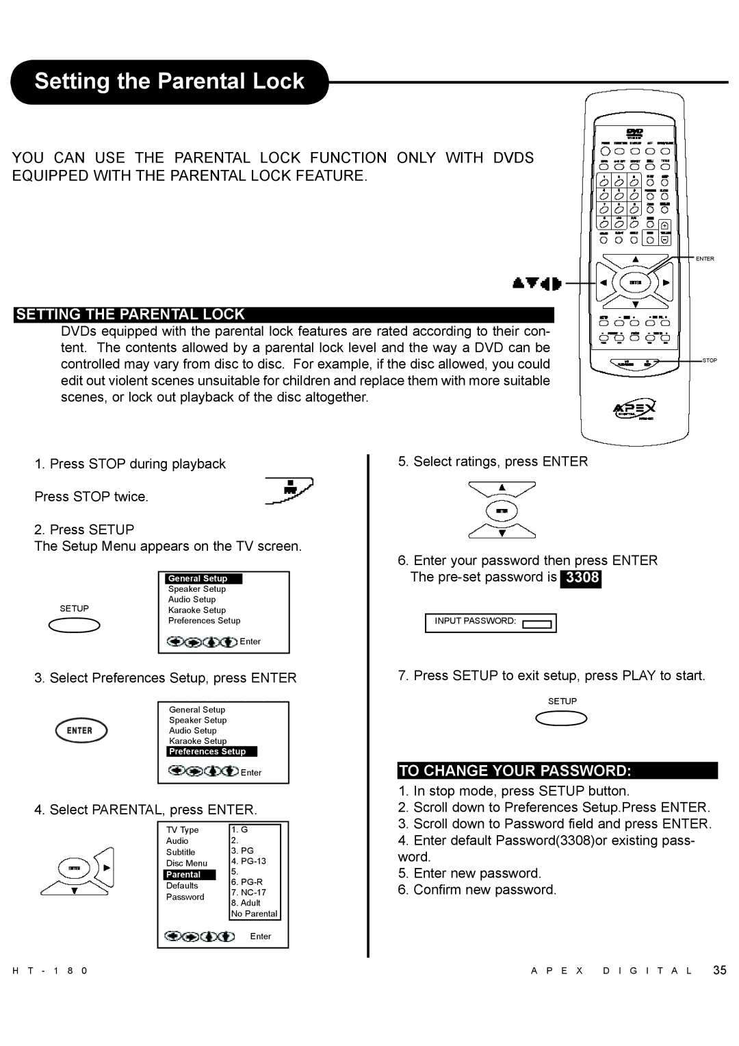 Apex Digital HT-180 manual Setting the Parental Lock, To Change Your Password 