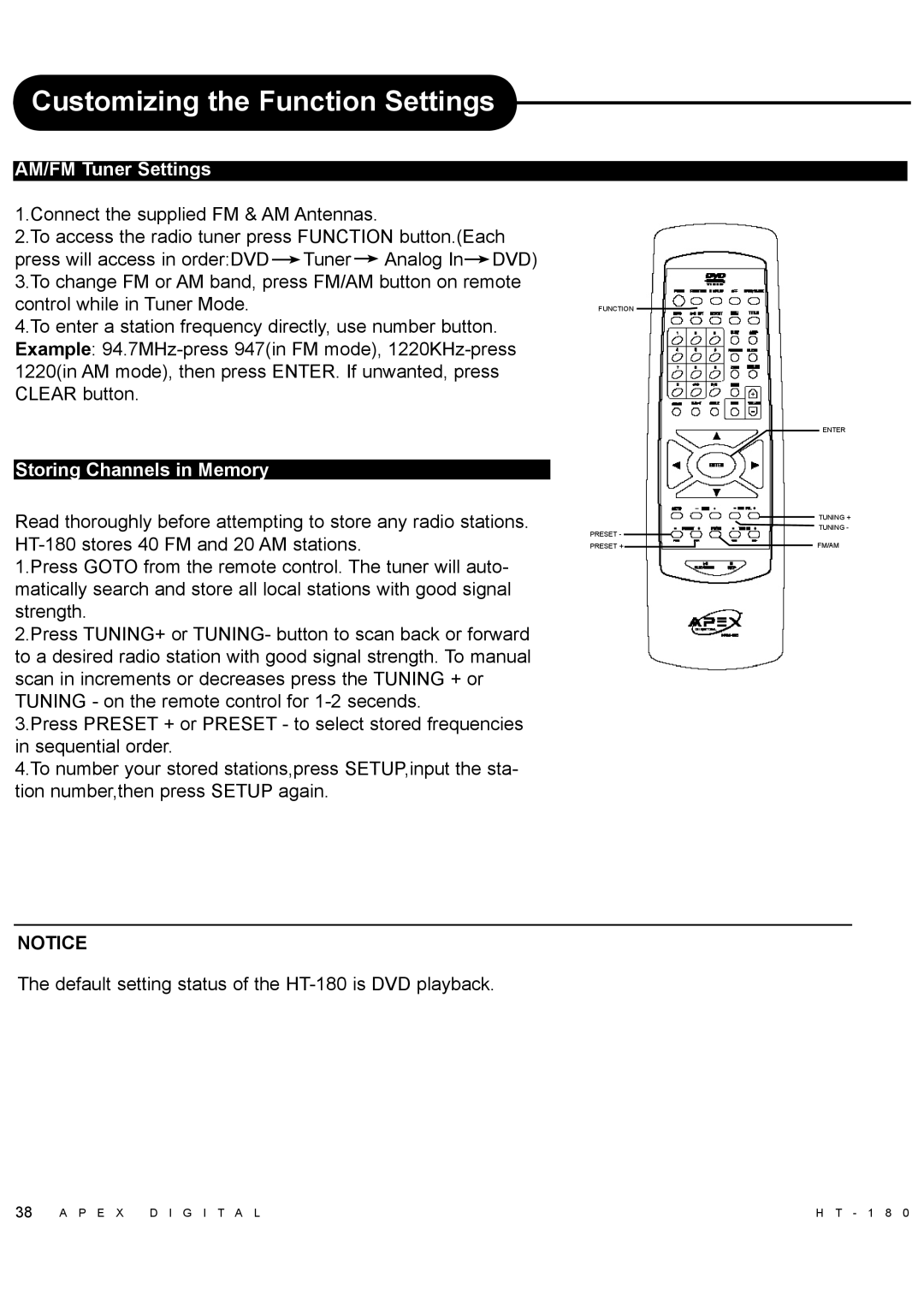 Apex Digital HT-180 manual AM/FM Tuner Settings, Storing Channels in Memory 