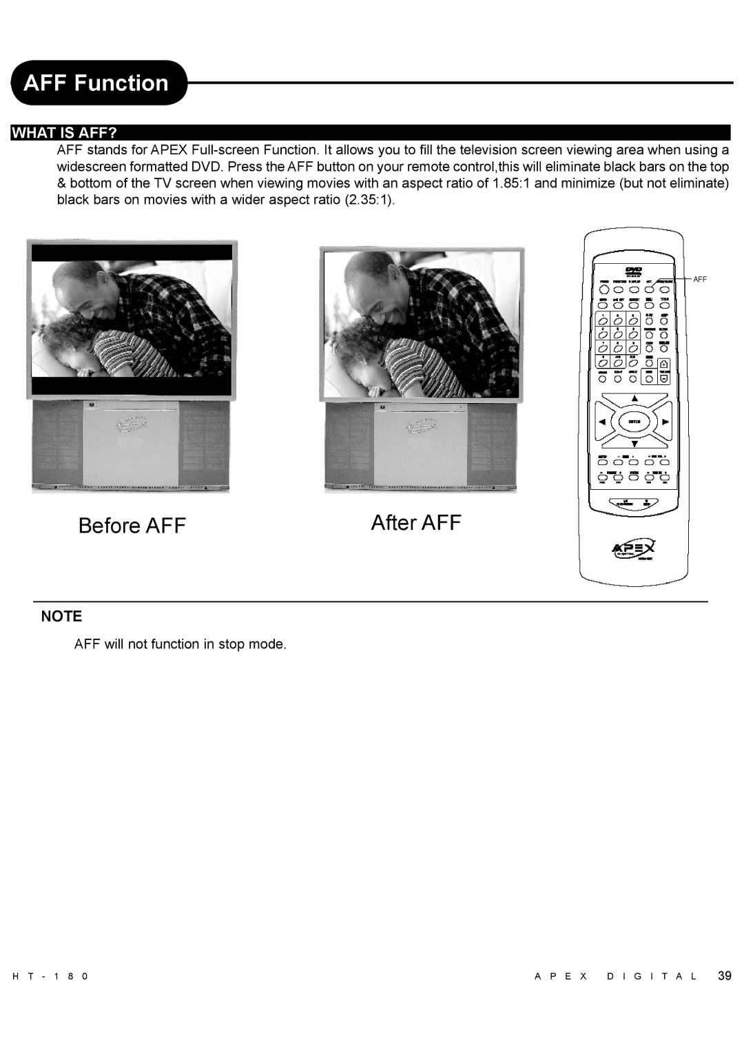 Apex Digital HT-180 manual AFF Function, What is AFF?, AFF will not function in stop mode 