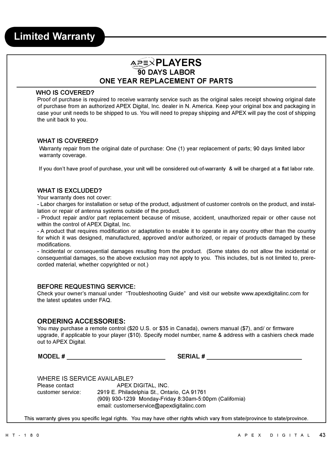 Apex Digital HT-180 manual Limited Warranty, Model # Serial # 