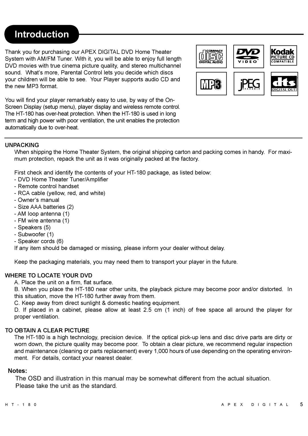 Apex Digital HT-180 manual Introduction, Unpacking 