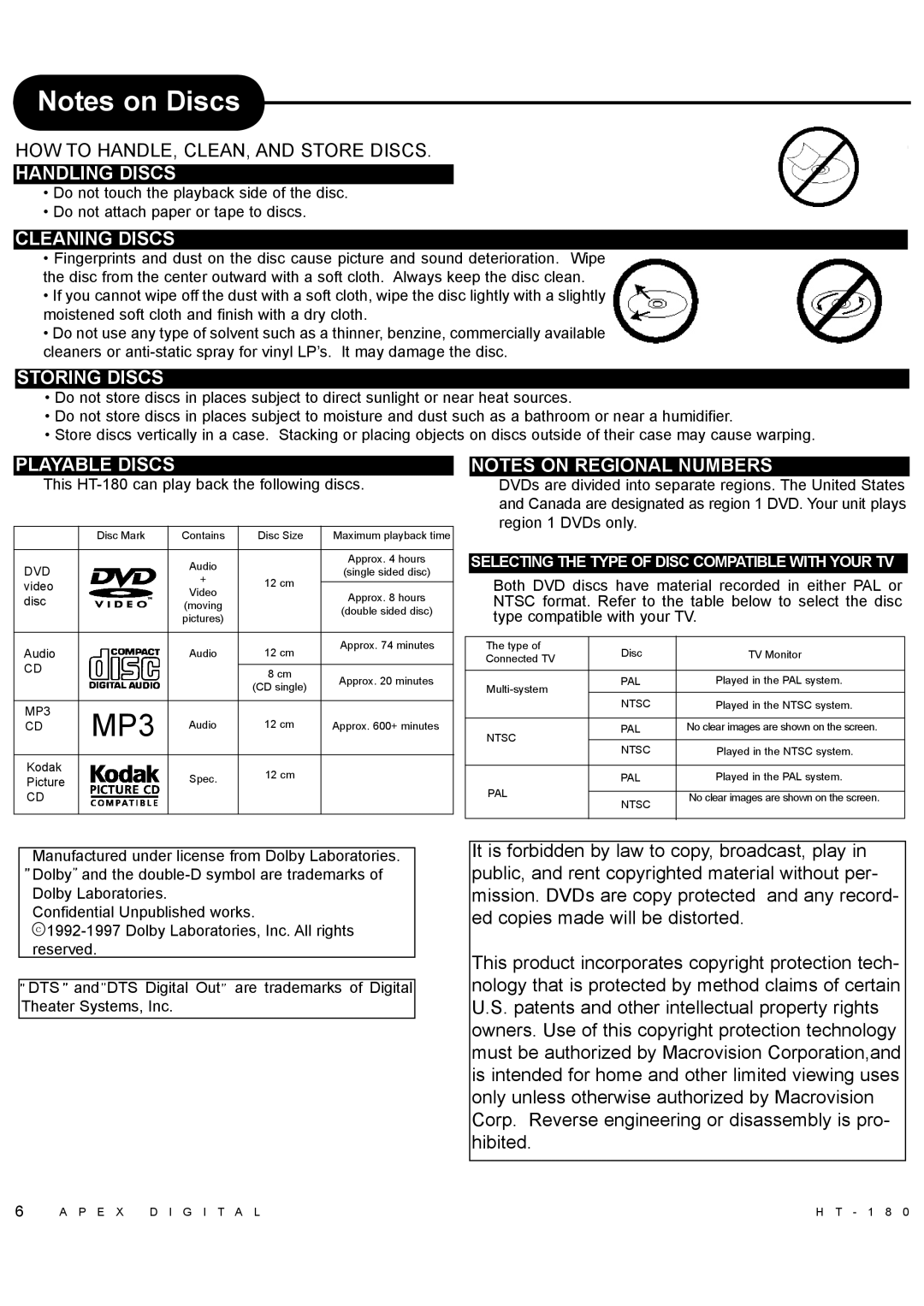 Apex Digital HT-180 manual Handling Discs, Cleaning Discs, Storing Discs, Playable Discs 
