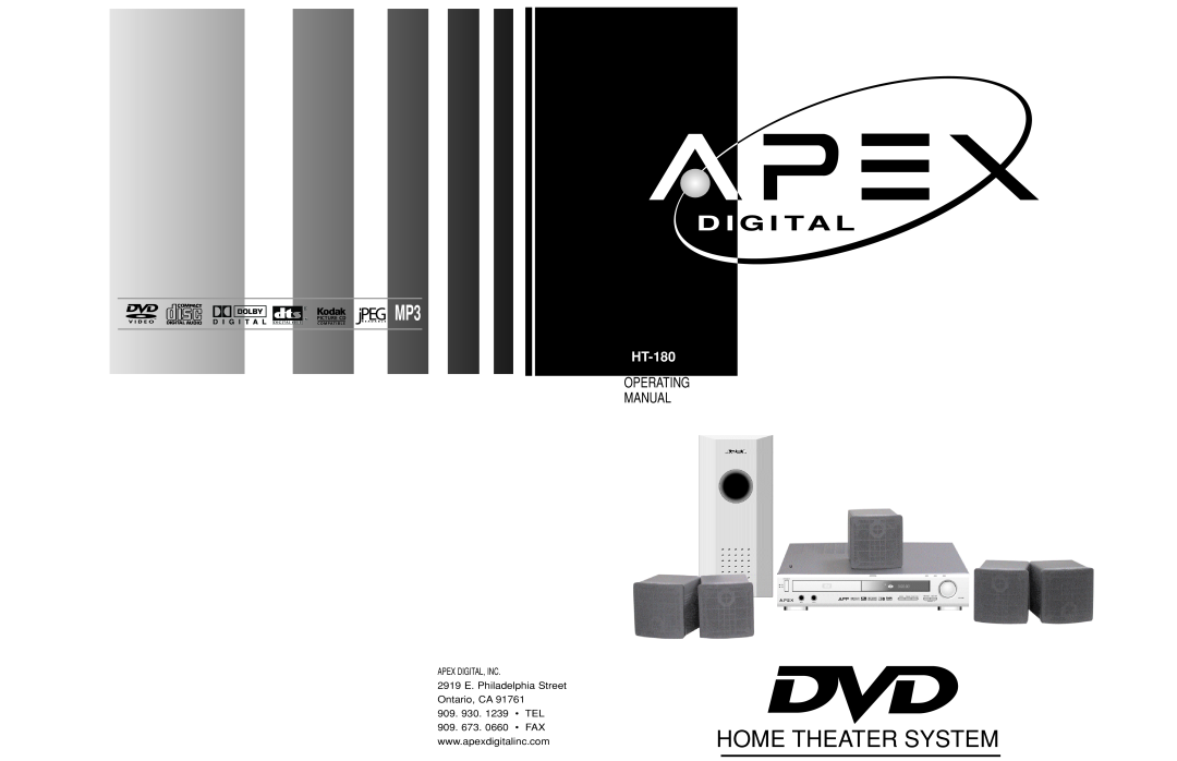 Apex Digital HT-180 manual Home Theater System, Operating Manual, Apex Digital, Inc, 909.930. 1239 TEL, R E A D A B L E 