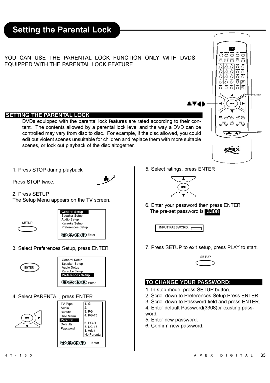 Apex Digital HT-180 manual Setting the Parental Lock, Setting The Parental Lock, To Change Your Password 
