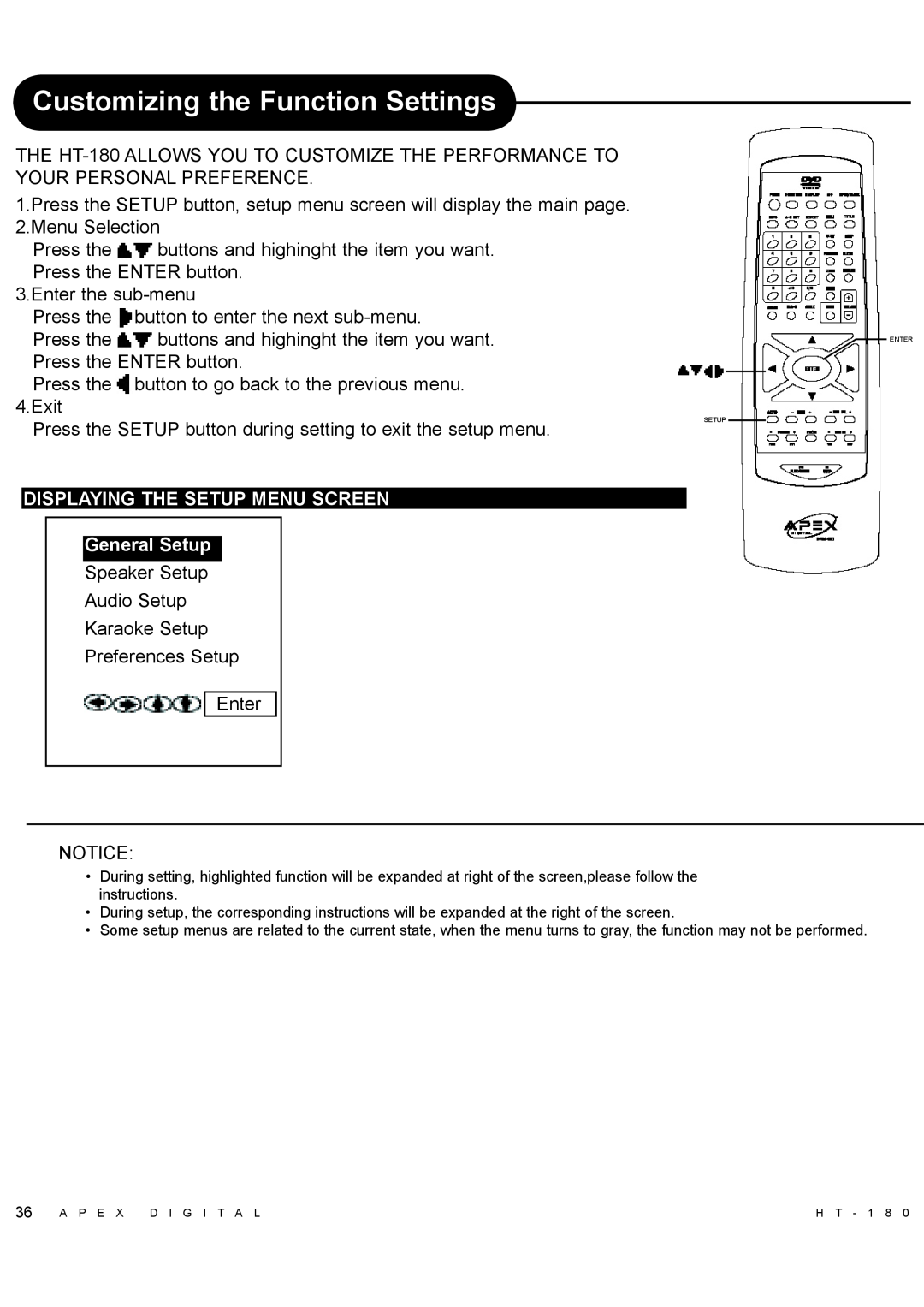 Apex Digital HT-180 manual Customizing the Function Settings, DISPLAYING THE SETUP MENU SCREEN General Setup 
