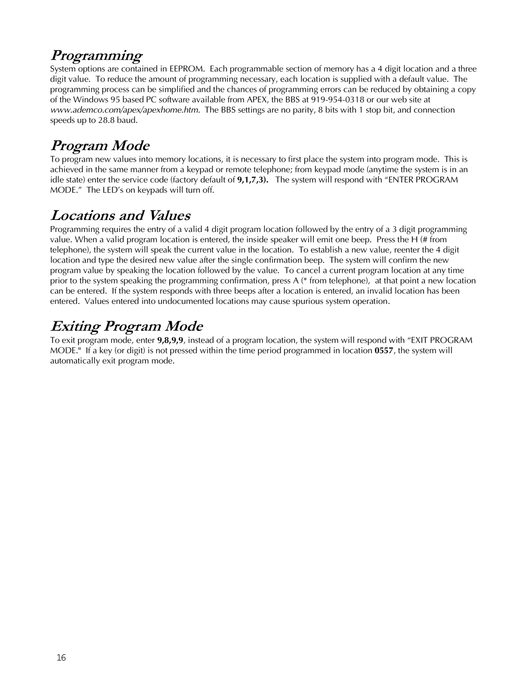 Apex Digital K1106 installation instructions Programming Program Mode, Locations and Values, Exiting Program Mode 