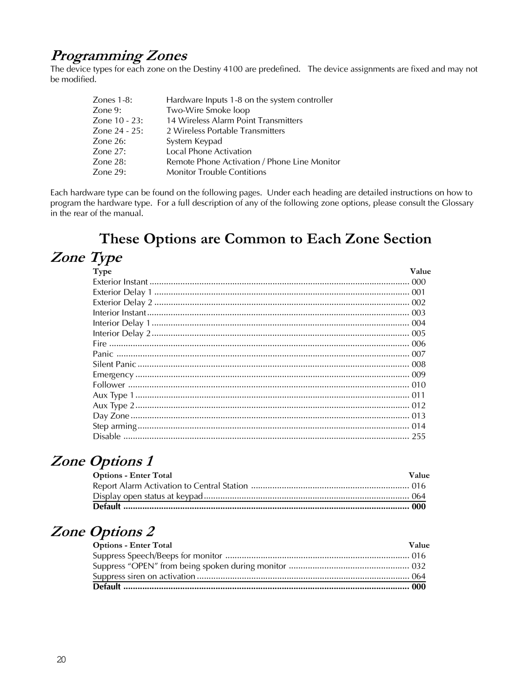 Apex Digital K1106 Programming Zones, These Options are Common to Each Zone Section Zone Type, Zone Options 