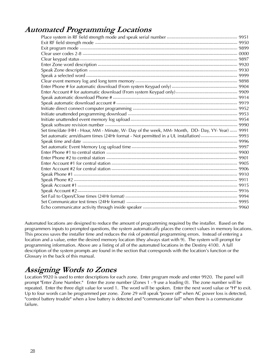 Apex Digital K1106 installation instructions Automated Programming Locations, Assigning Words to Zones 