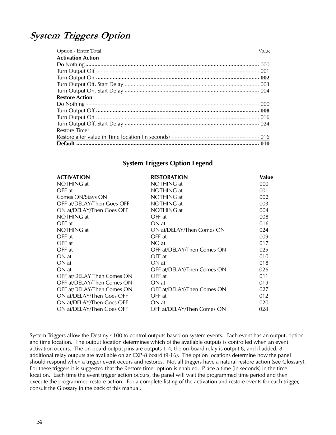 Apex Digital K1106 installation instructions System Triggers Option, Option Enter Total Value Activation Action 