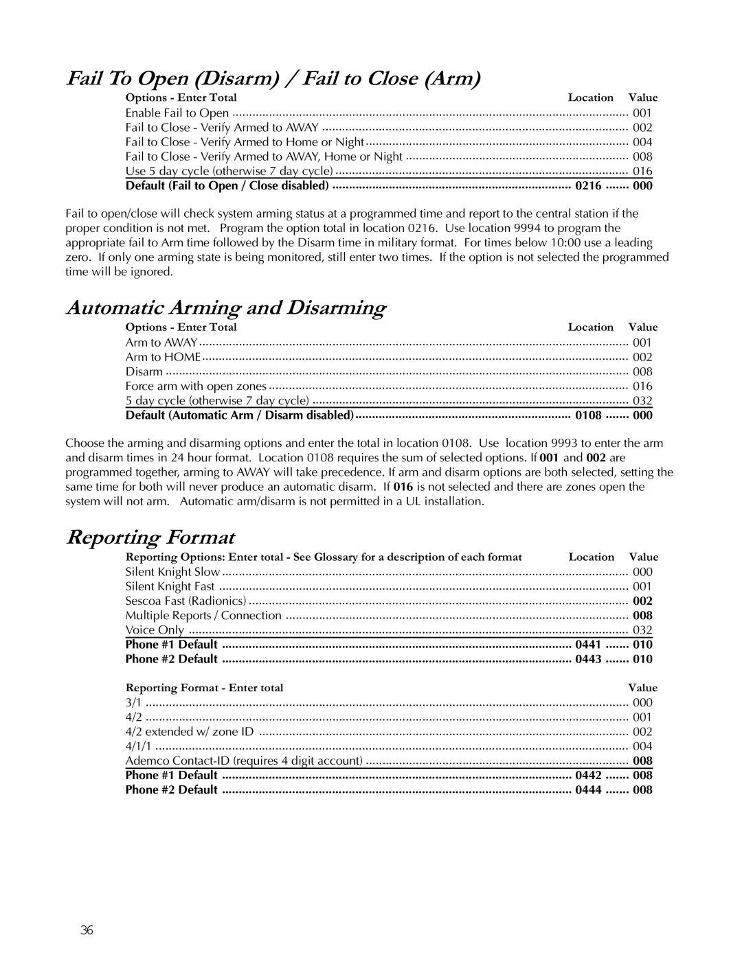 Apex Digital K1106 Fail To Open Disarm / Fail to Close Arm, Automatic Arming and Disarming, Reporting Format 