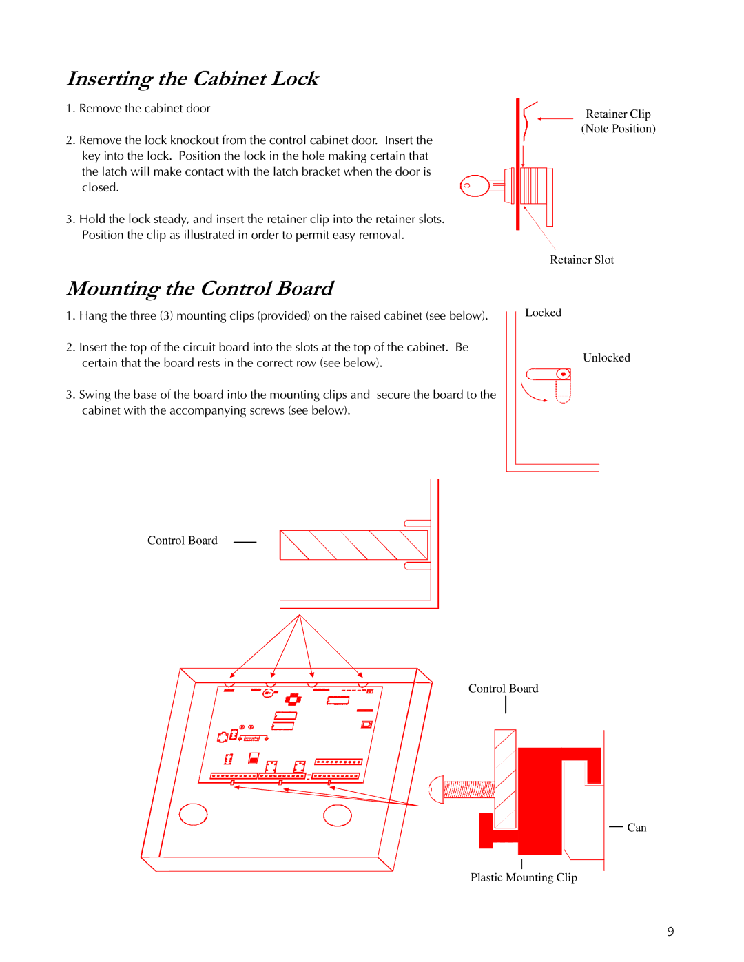 Apex Digital K1106 installation instructions Inserting the Cabinet Lock, Mounting the Control Board 