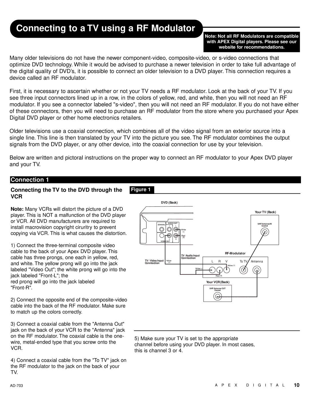 Apex Digital LAD-703 owner manual Connecting to a TV using a RF Modulator, Connecting the TV to the DVD through 