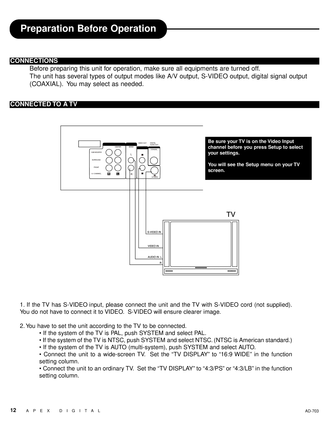 Apex Digital LAD-703 owner manual Preparation Before Operation, Connections, Connected to a TV 