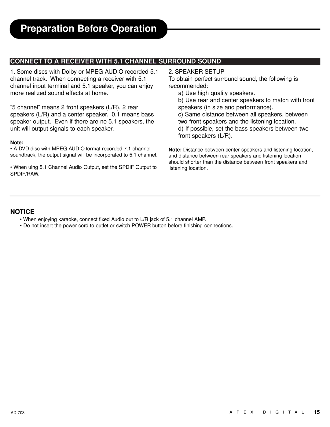 Apex Digital LAD-703 owner manual Speaker Setup 