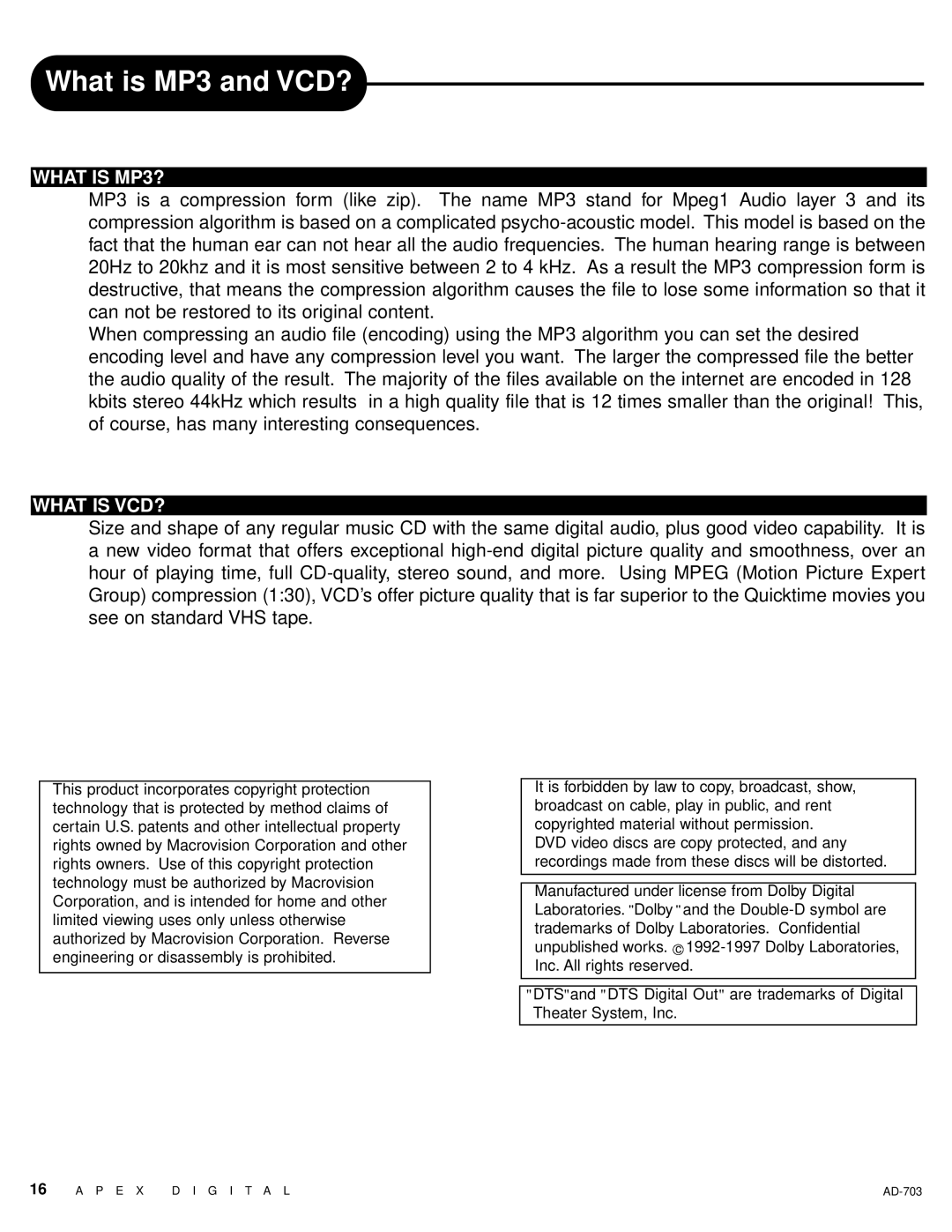 Apex Digital LAD-703 owner manual What is MP3 and VCD?, What is MP3?, What is VCD? 