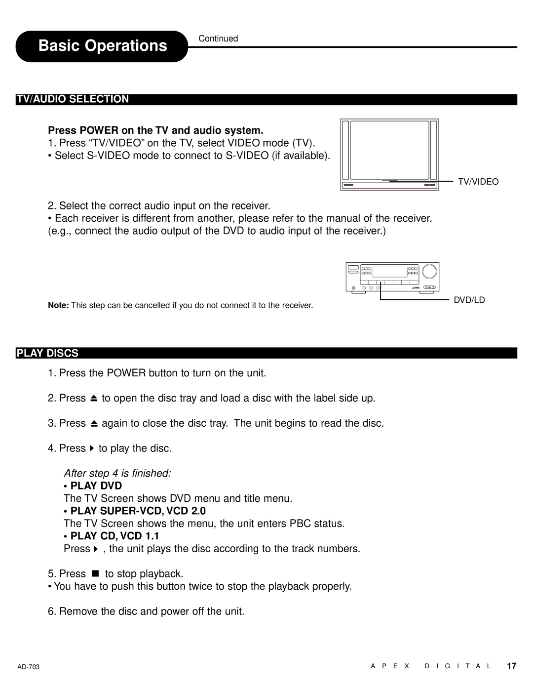 Apex Digital LAD-703 owner manual Basic Operations, TV/AUDIO Selection, Play Discs, Play DVD, Play SUPER-VCD, VCD 