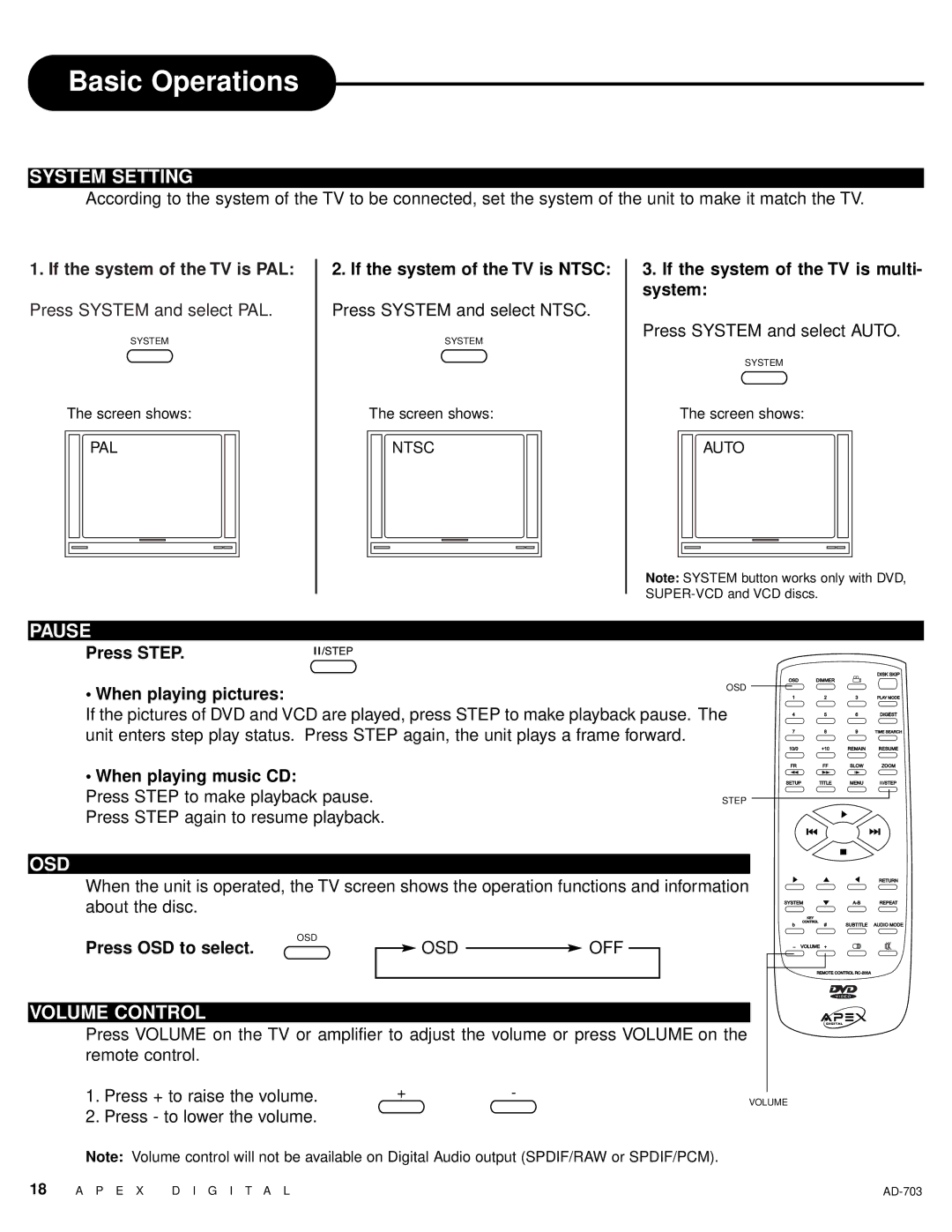 Apex Digital LAD-703 owner manual System Setting, Pause, Osd, Volume Control 