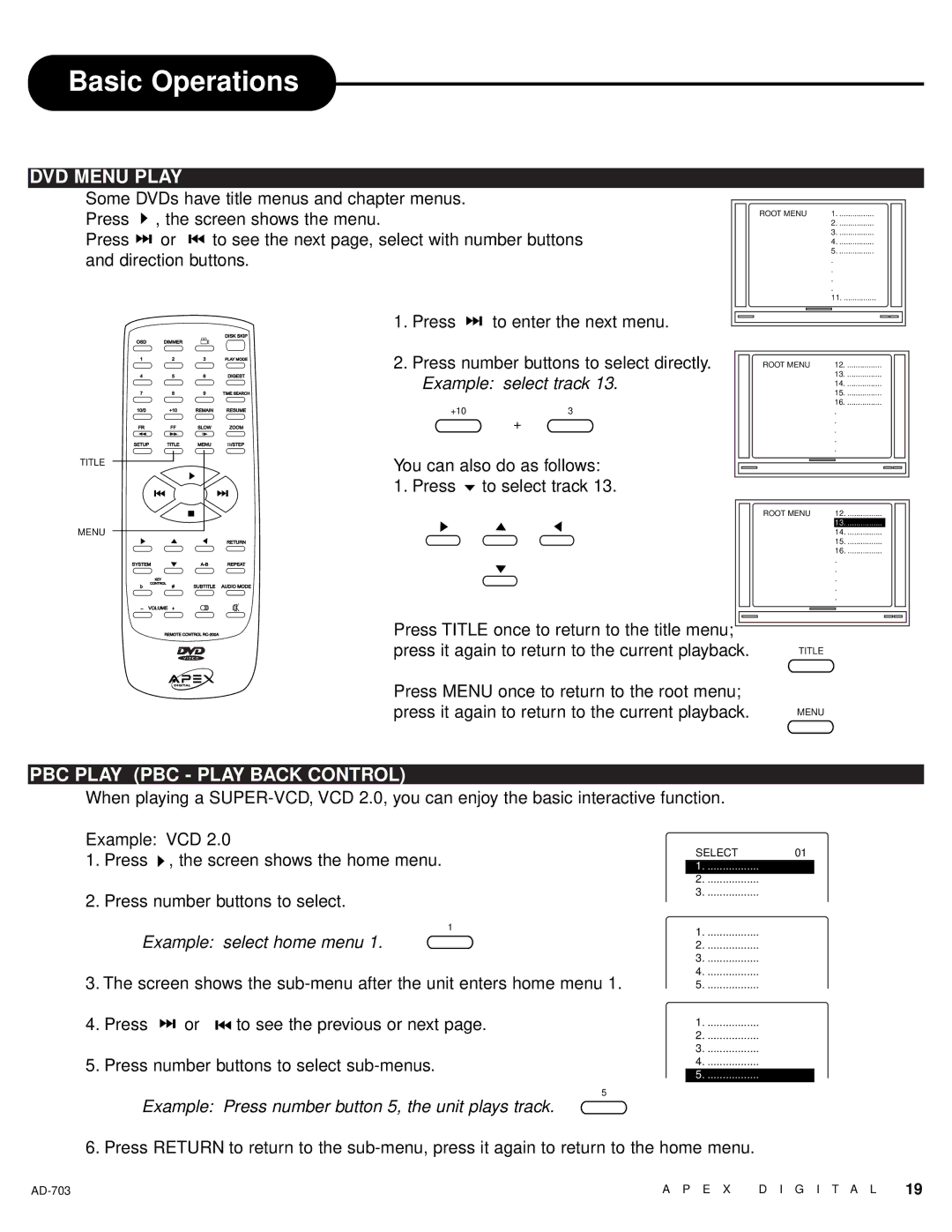 Apex Digital LAD-703 owner manual DVD Menu Play, PBC Play PBC Play Back Control, Example select home menu 