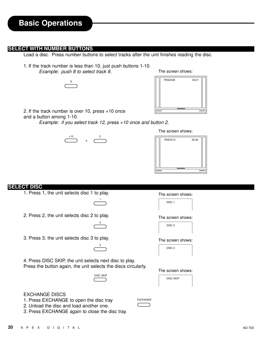 Apex Digital LAD-703 owner manual Select with Number Buttons, Select Disc, Example push 8 to select track 