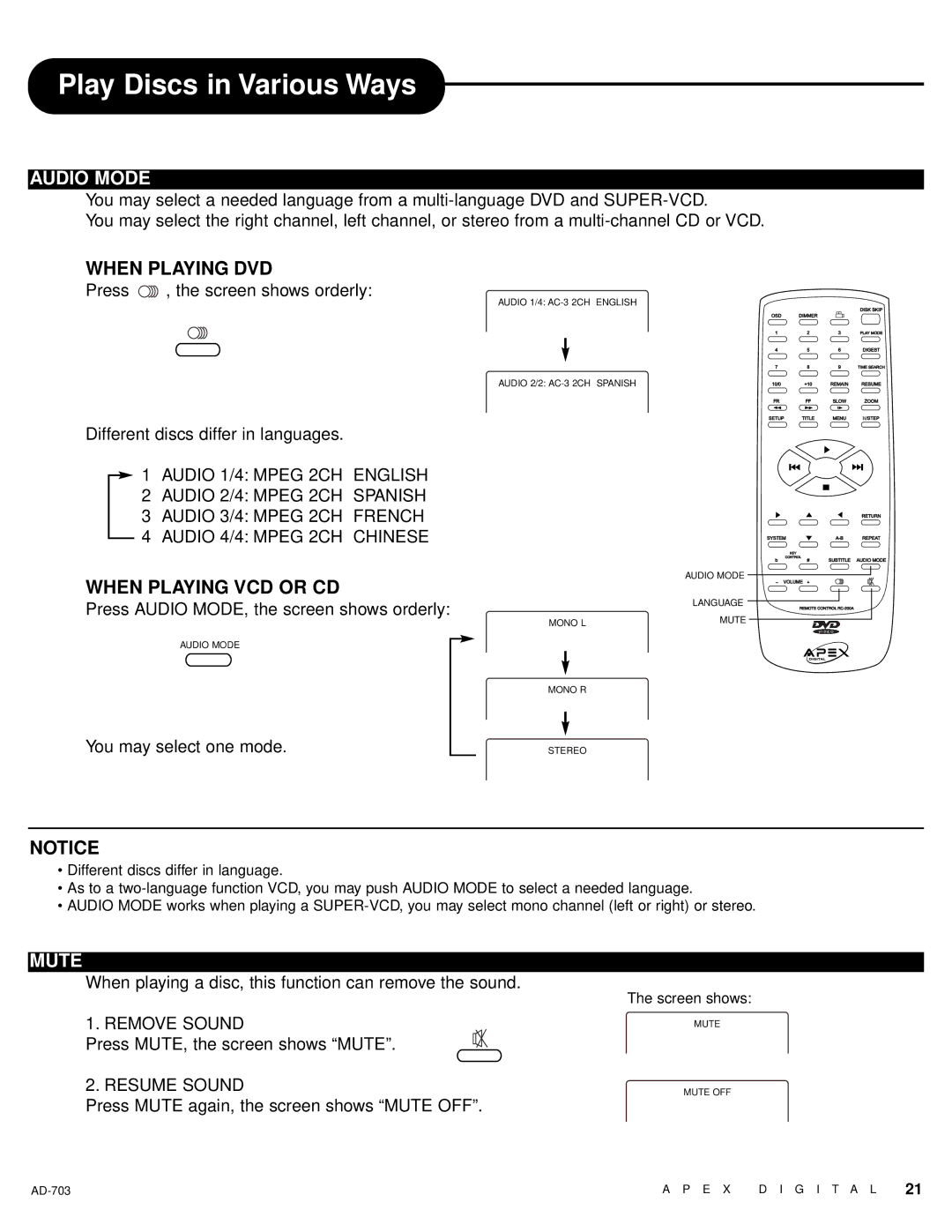 Apex Digital LAD-703 owner manual Play Discs in Various Ways, Audio Mode, When Playing DVD, When Playing VCD or CD, Mute 