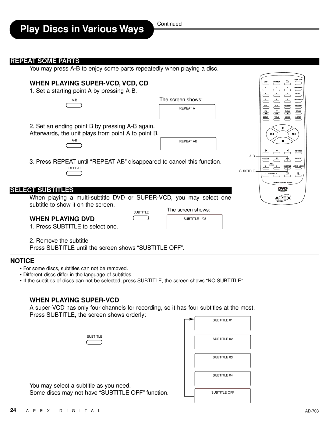 Apex Digital LAD-703 owner manual Repeat Some Parts, Select Subtitles, When Playing SUPER-VCD 