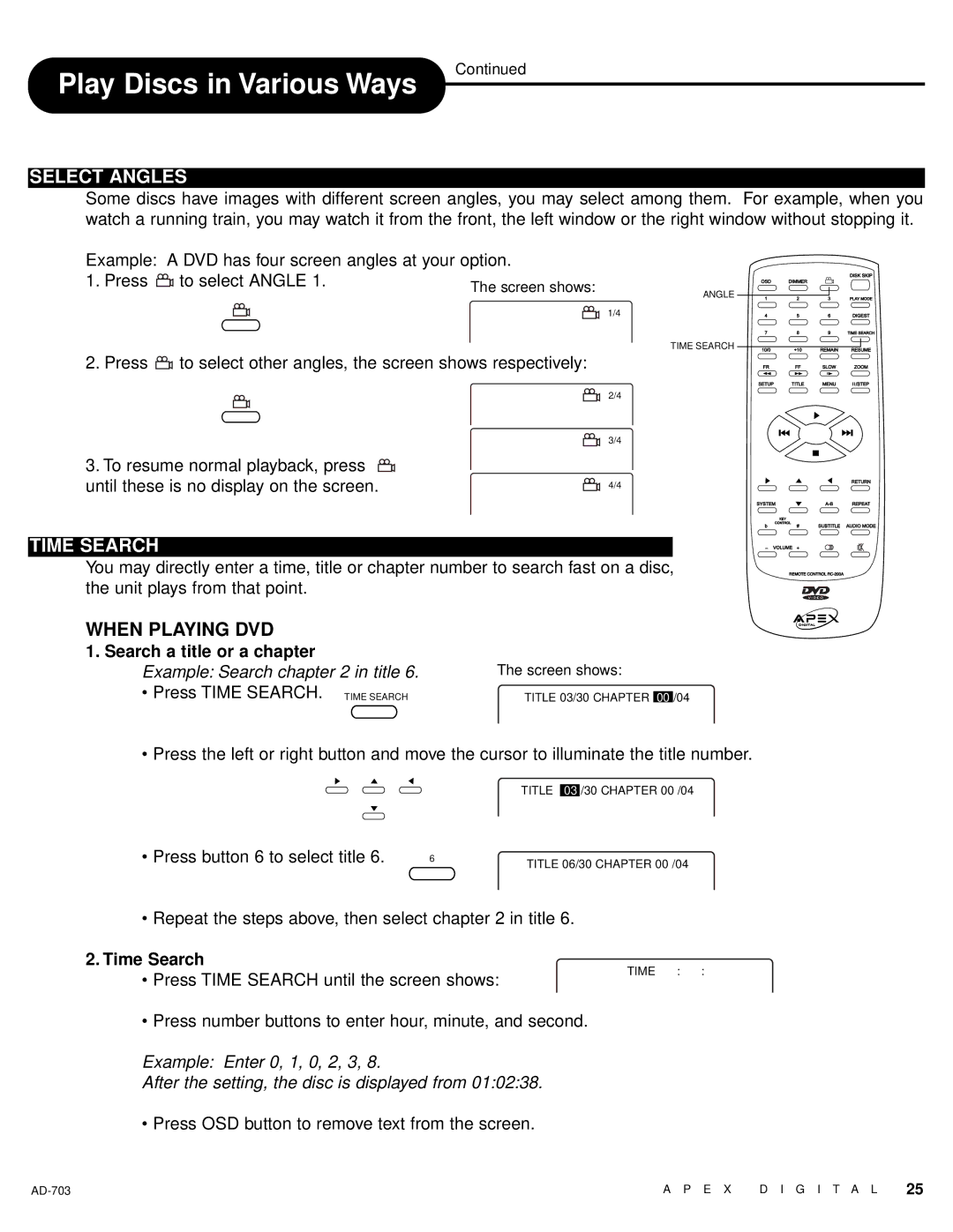 Apex Digital LAD-703 owner manual Select Angles, Time Search, Search a title or a chapter, Example Search in title 