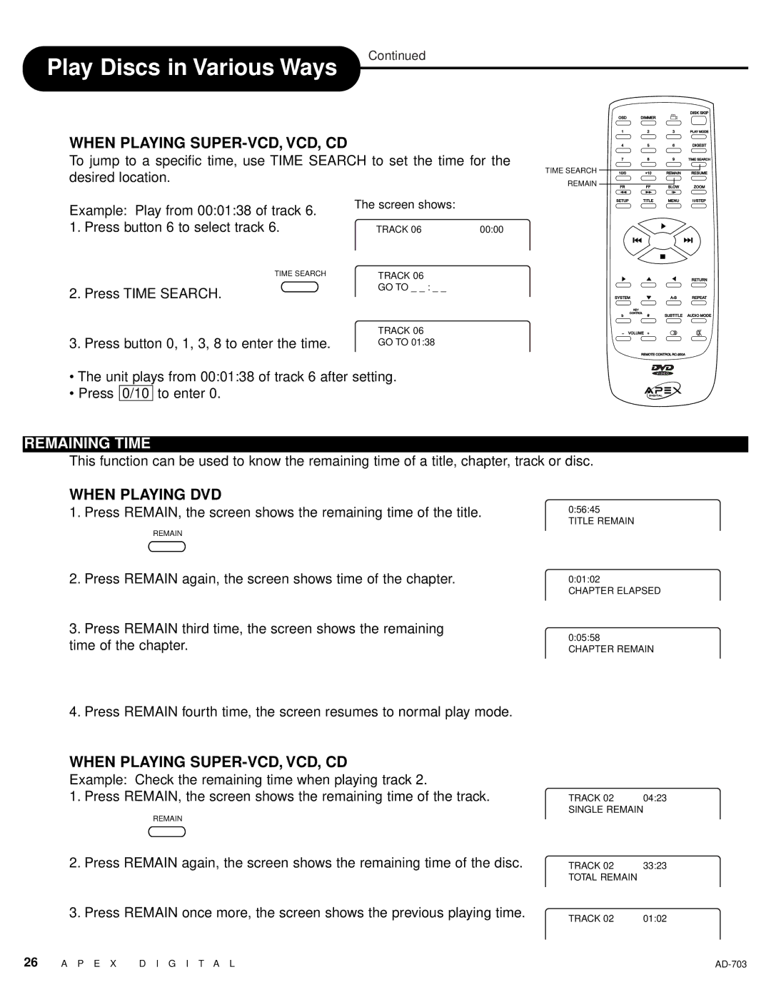 Apex Digital LAD-703 owner manual Remaining Time 