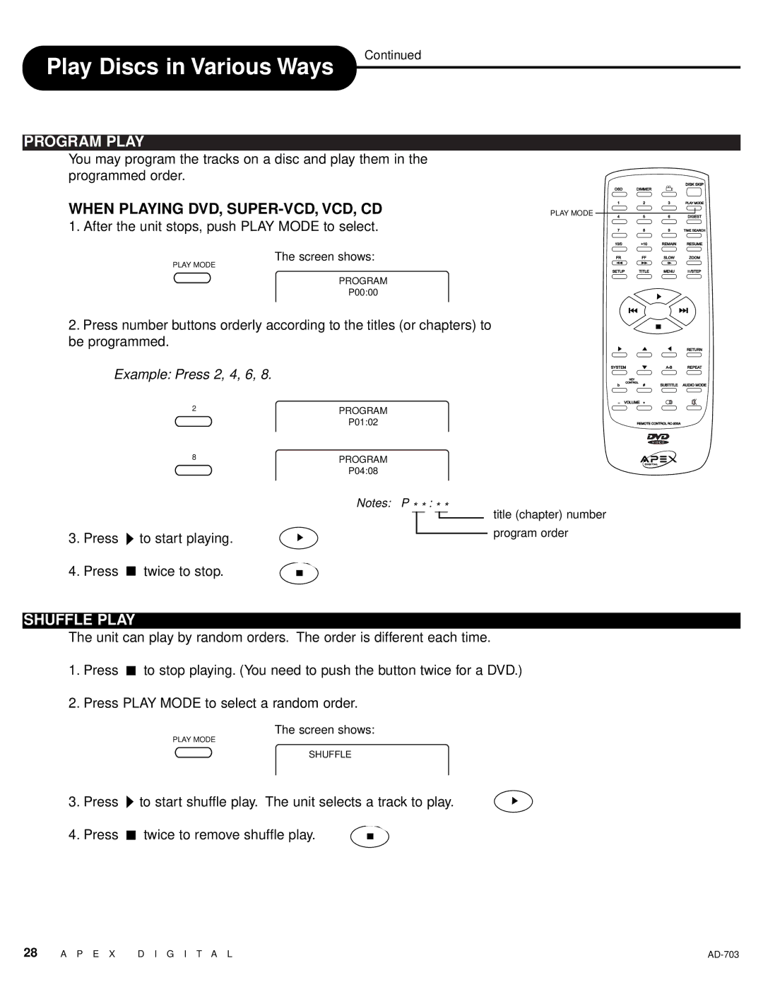 Apex Digital LAD-703 owner manual Program Play, When Playing DVD, SUPER-VCD, VCD, CD, Shuffle Play 