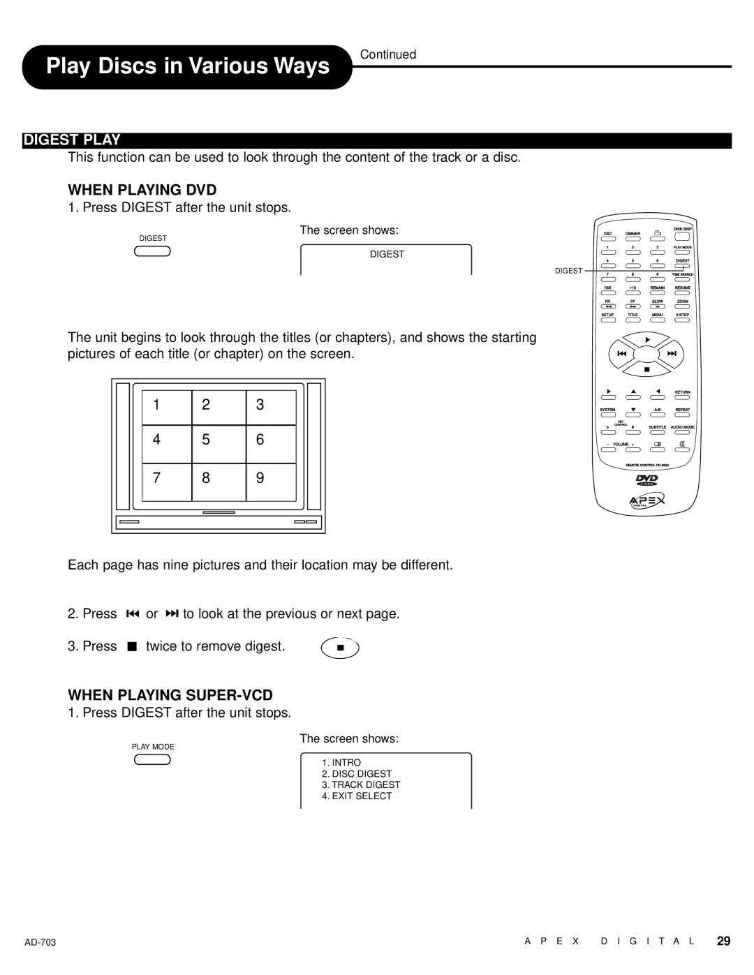 Apex Digital LAD-703 owner manual Digest Play, When Playing DVD 