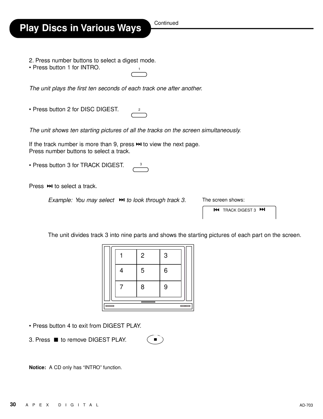 Apex Digital LAD-703 owner manual If the track number is more than 9, press to view the next 