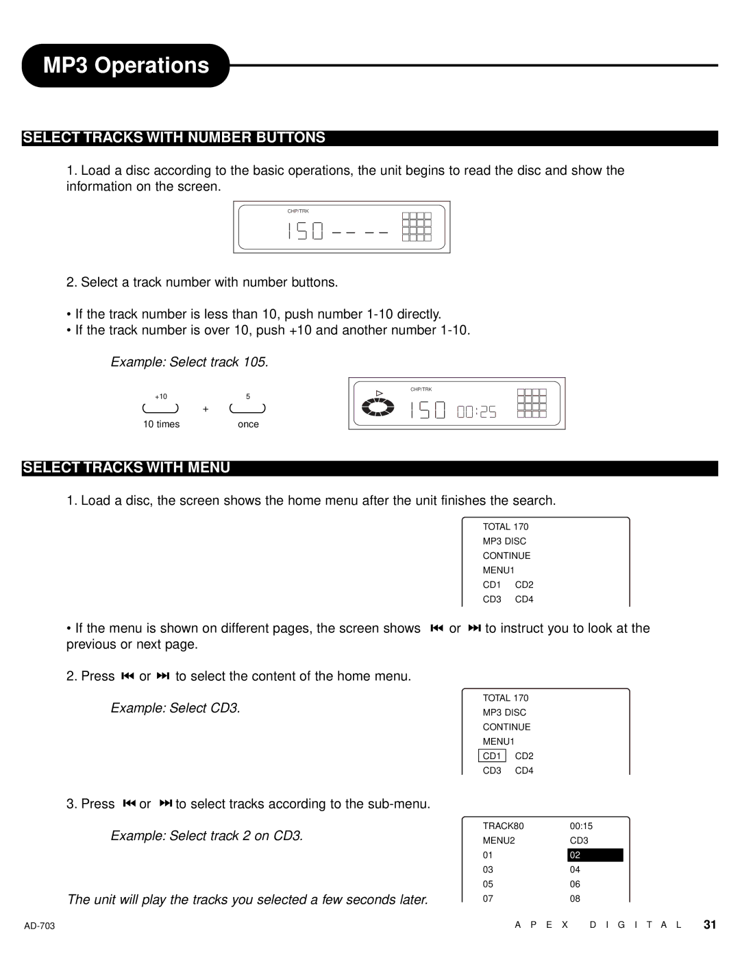Apex Digital LAD-703 MP3 Operations, Select Tracks with Number Buttons, Select Tracks with Menu, Example Select track 