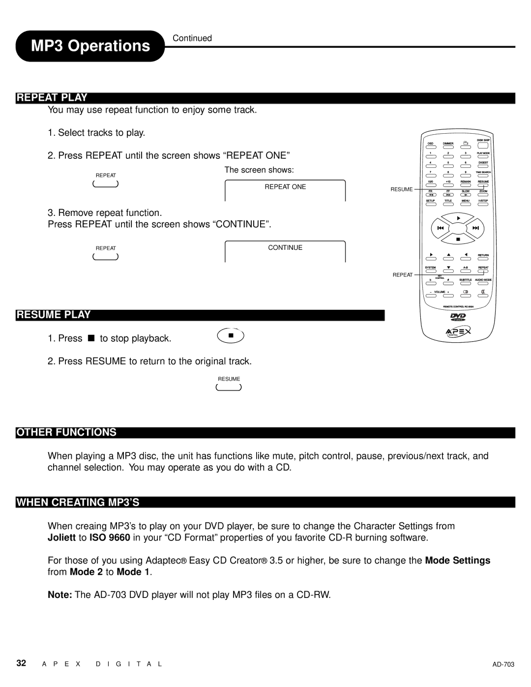 Apex Digital LAD-703 owner manual Other Functions, When Creating MP3’S 