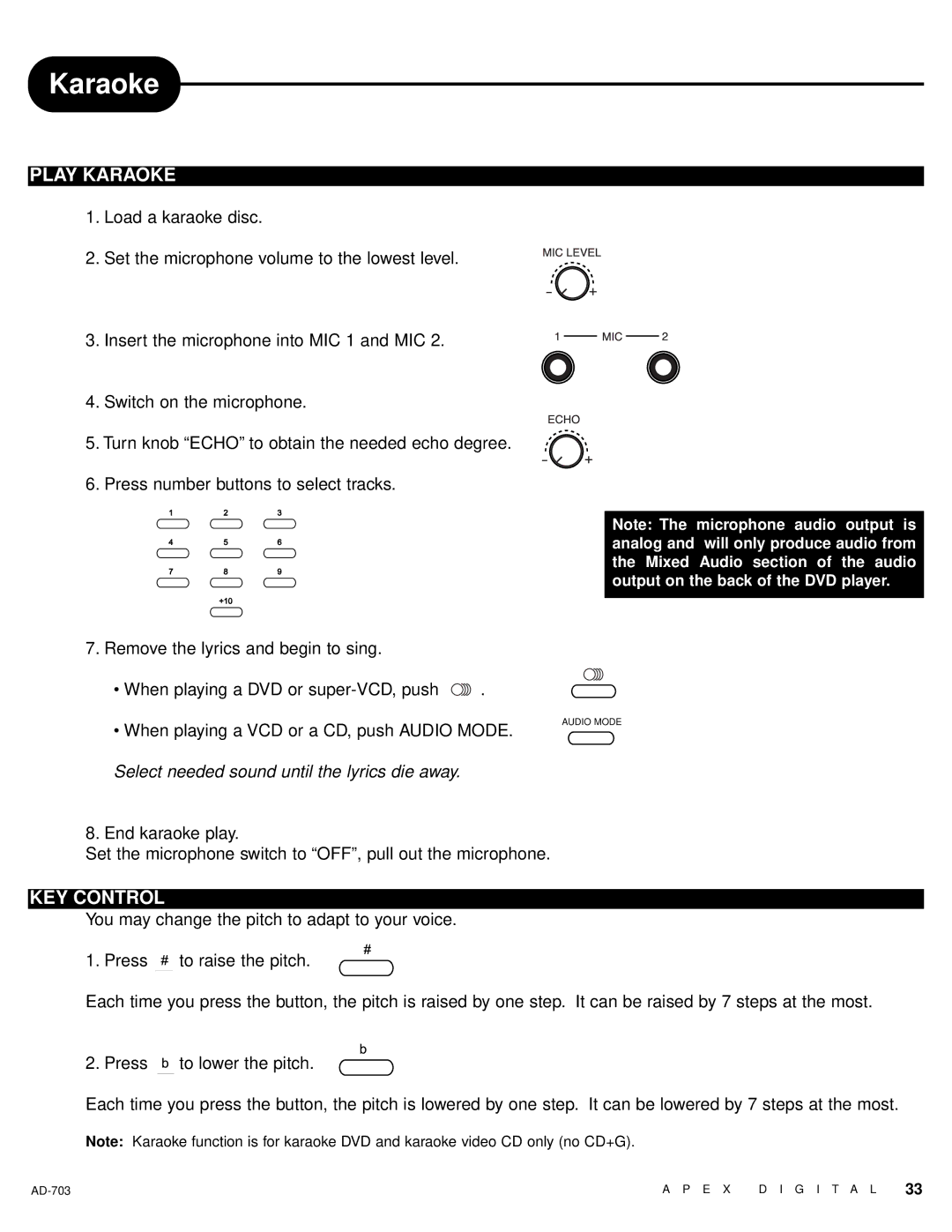 Apex Digital LAD-703 owner manual Play Karaoke, KEY Control 