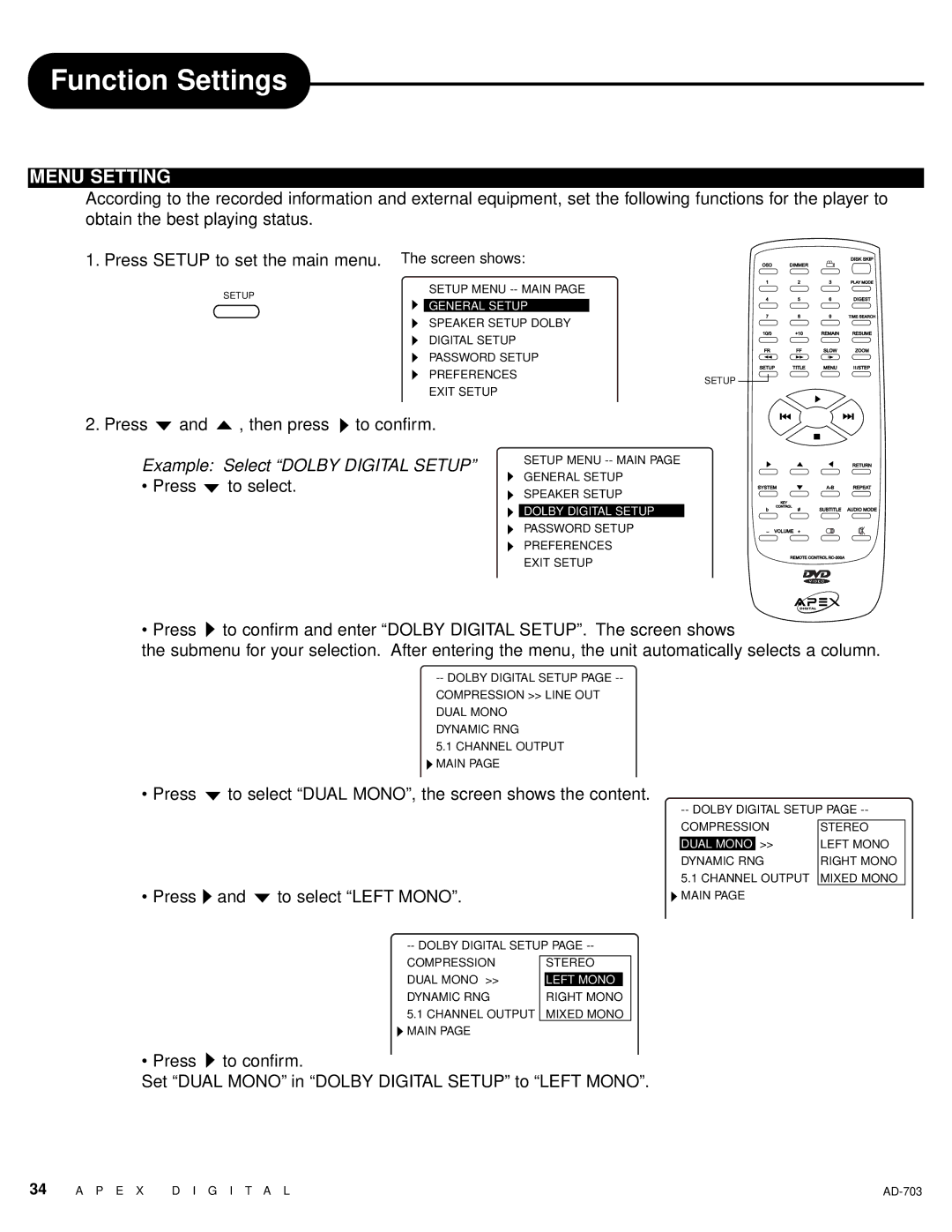 Apex Digital LAD-703 owner manual Function Settings, Menu Setting, Example Select Dolby Digital Setup 