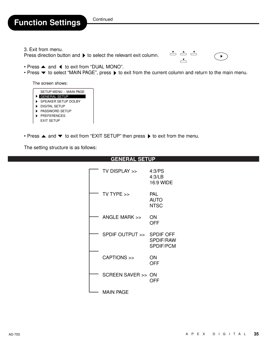 Apex Digital LAD-703 owner manual General Setup 