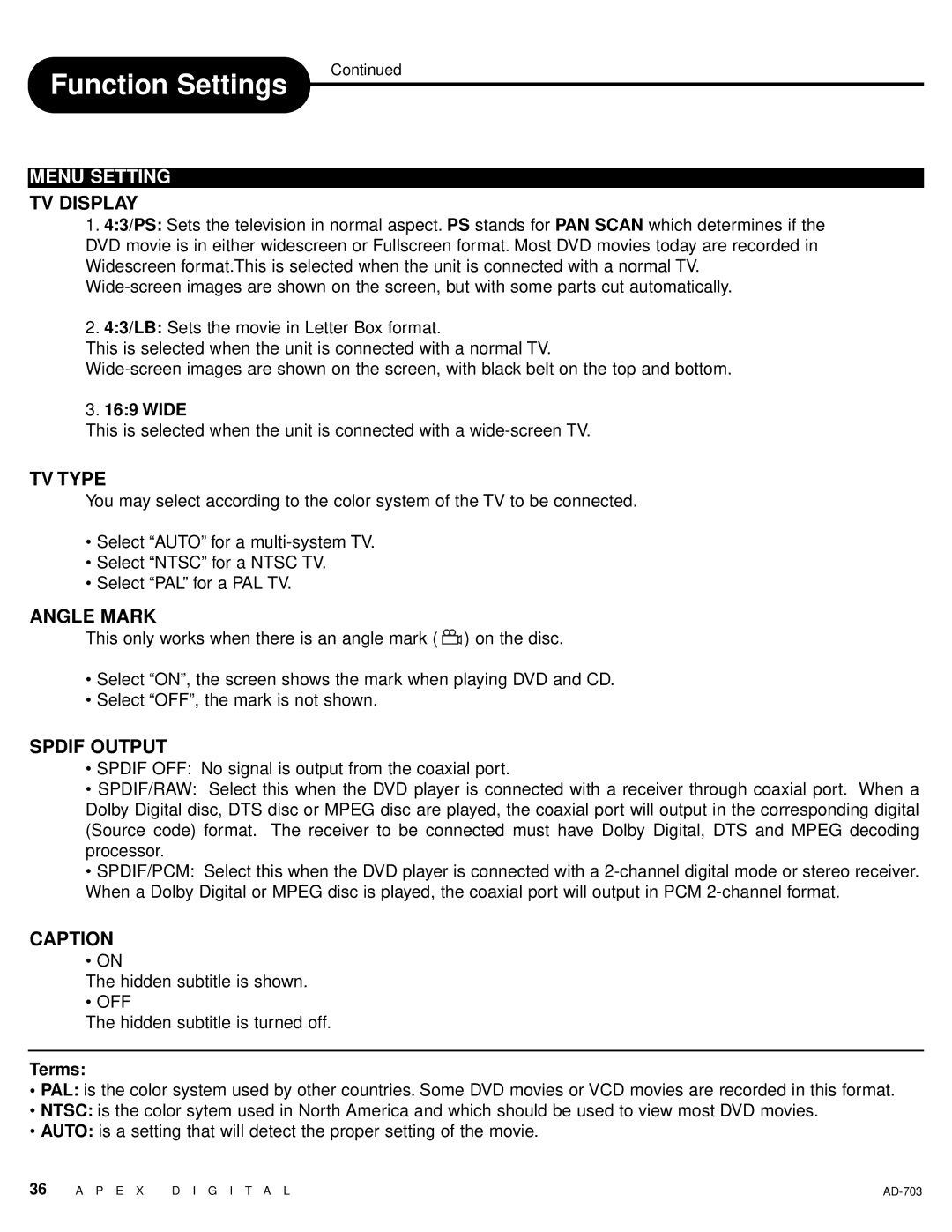 Apex Digital LAD-703 owner manual TV Display, TV Type, Angle Mark, Spdif Output, Caption 