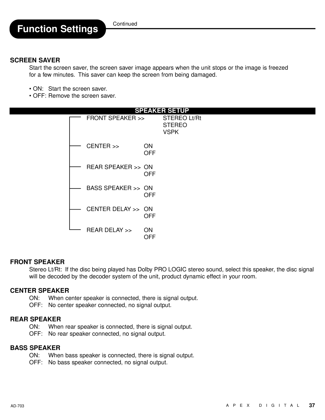 Apex Digital LAD-703 owner manual Speaker Setup 