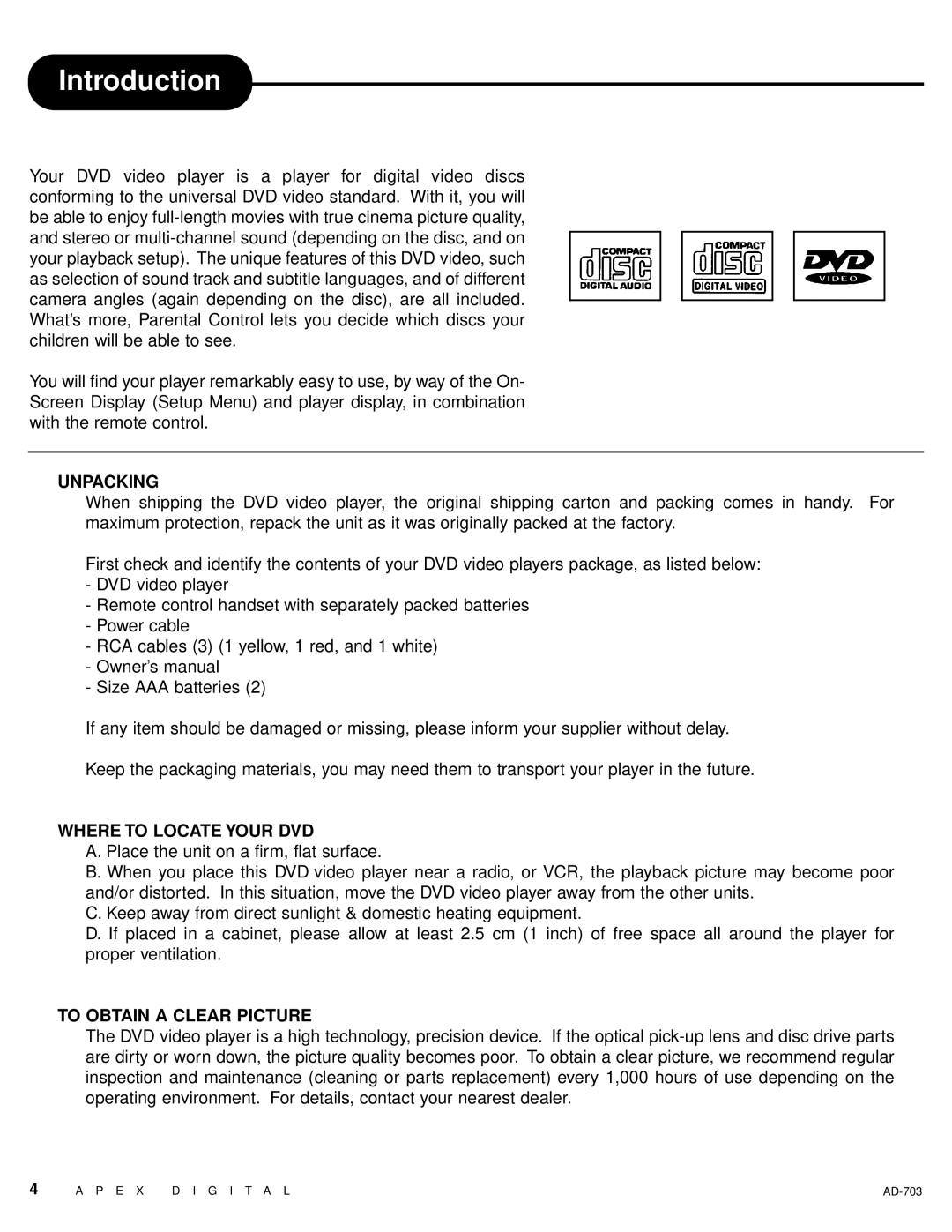 Apex Digital LAD-703 owner manual Introduction, Unpacking 