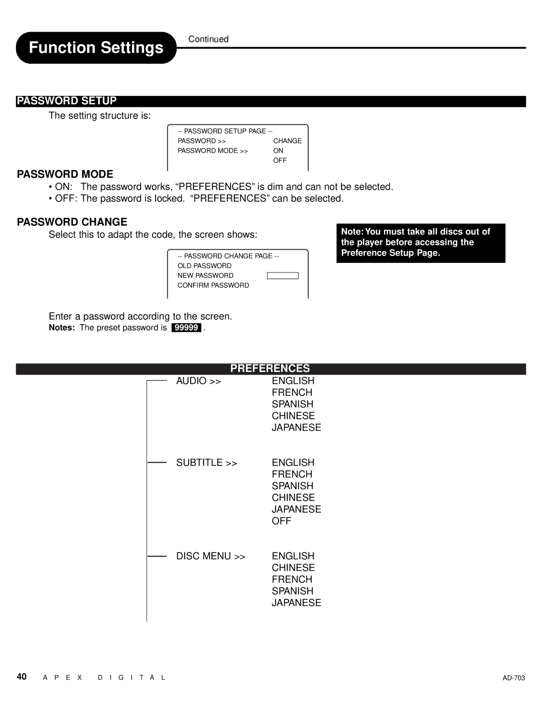 Apex Digital LAD-703 owner manual Password Setup, Password Mode, Password Change, Preferences 