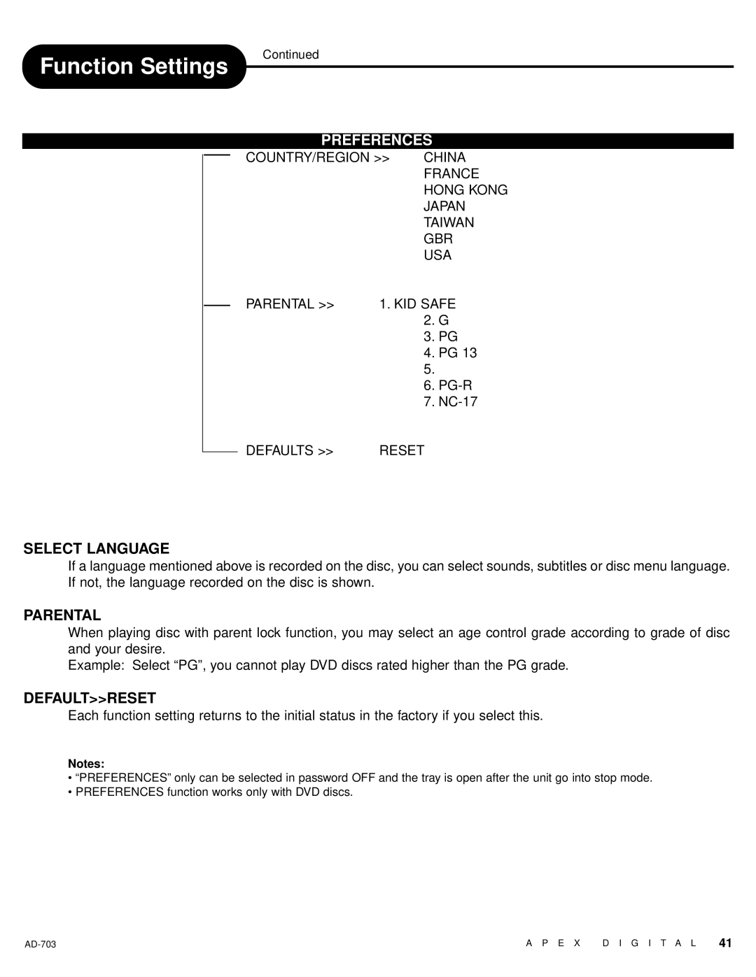 Apex Digital LAD-703 owner manual Select Language, Parental, Defaultreset 