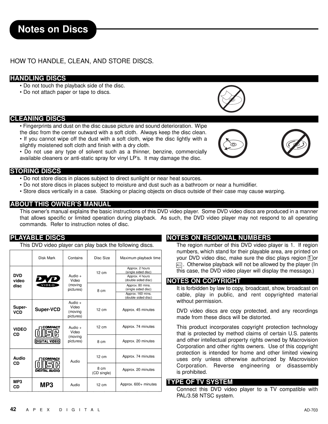 Apex Digital LAD-703 owner manual Handling Discs, Cleaning Discs, Storing Discs, Playable Discs, Type of TV System 