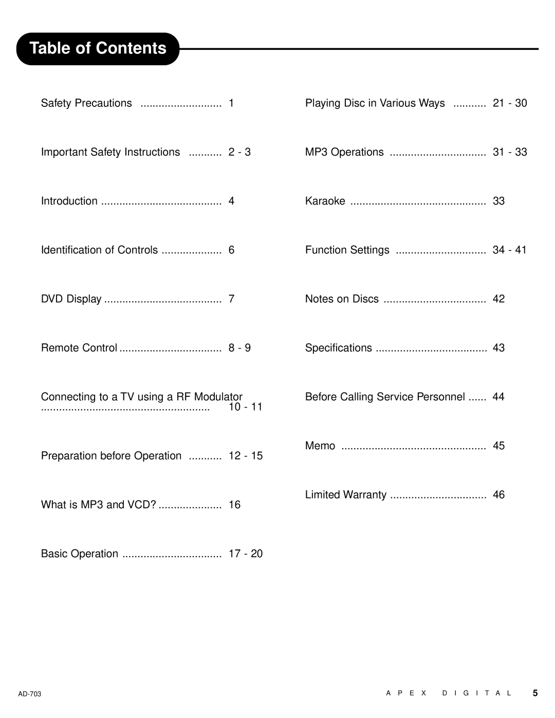 Apex Digital LAD-703 owner manual Table of Contents 