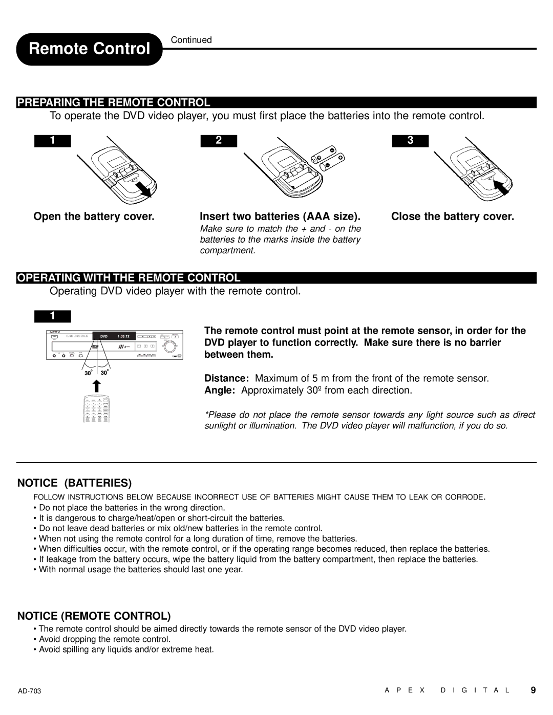 Apex Digital LAD-703 owner manual Preparing the Remote Control, Operating with the Remote Control 