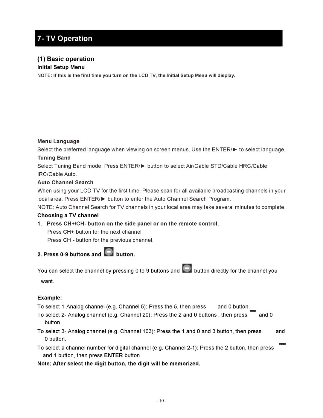 Apex Digital LD1919 operating instructions Basic operation, Menu Language, Tuning Band, Auto Channel Search 